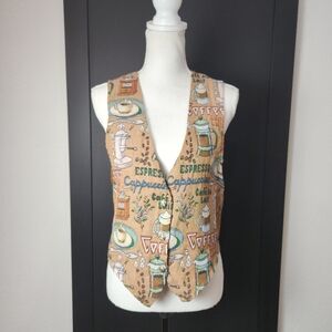 Vintage Novelty Print 90s Coffee Themed Tapestry Batista Vest Size 90s Medium